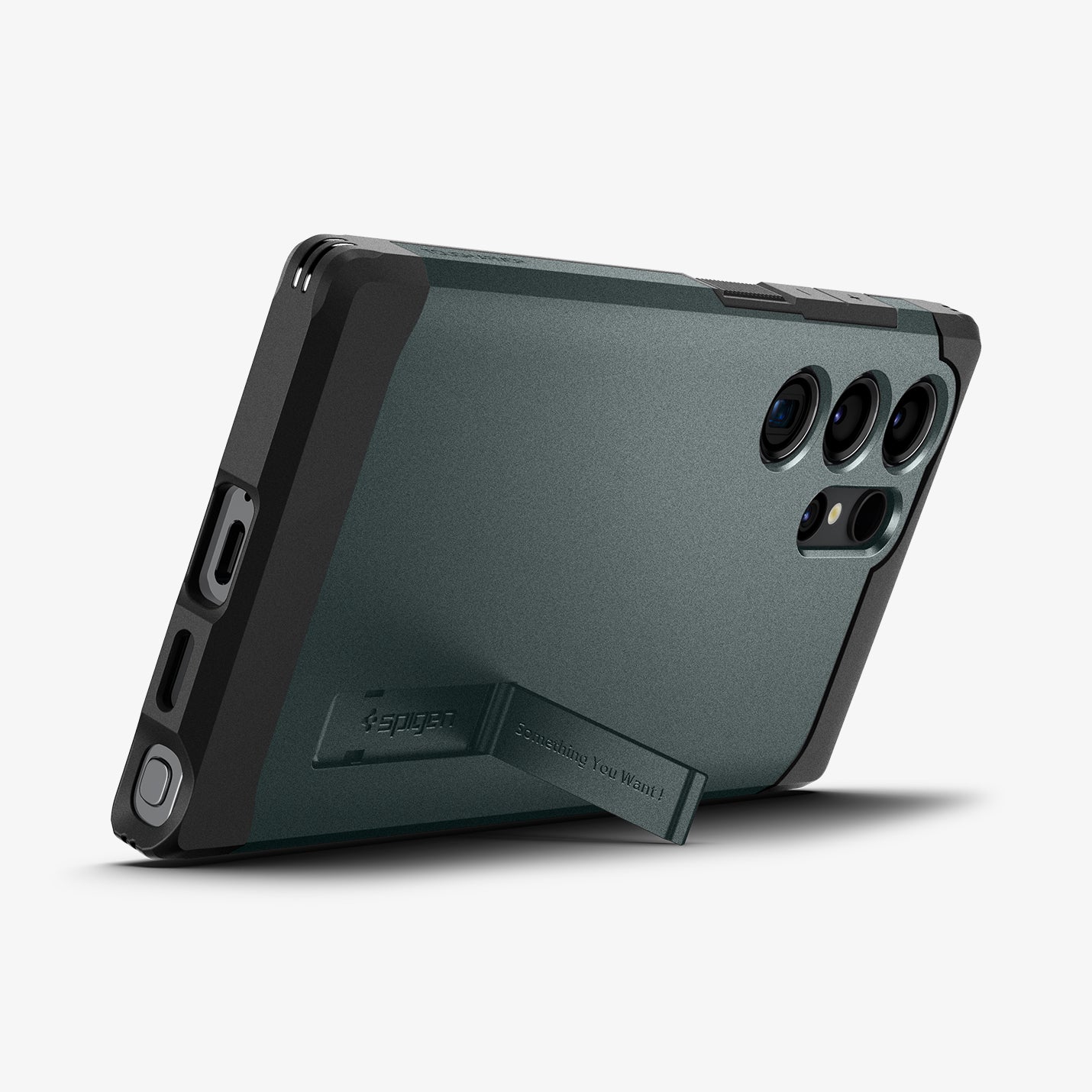ACS07302 - Galaxy S24 Ultra Case Tough Armor in Abyss Green showing the back, partial side and bottom with a built-in kickstand propped up