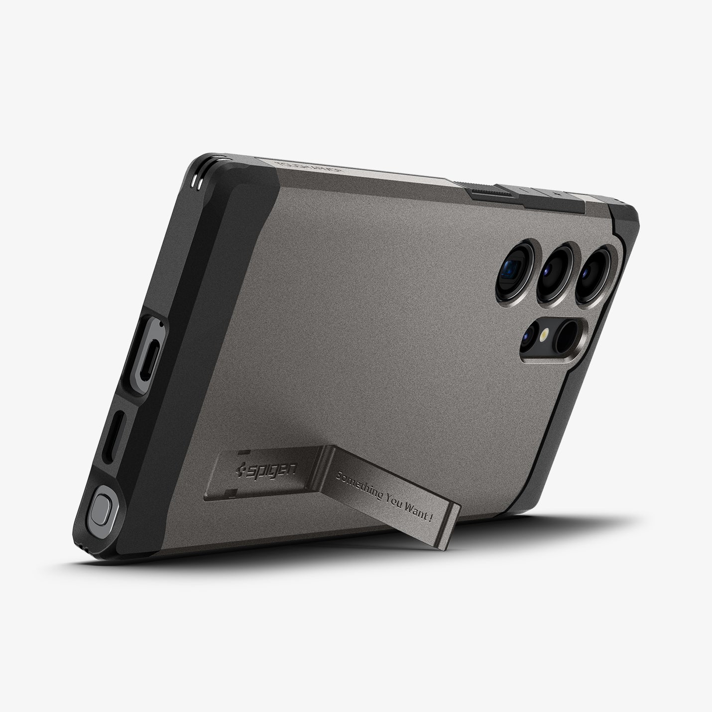 ACS07301 - Galaxy S24 Ultra Case Tough Armor in Gunmetal showing the back, partial side and bottom with a built-in kickstand propped up