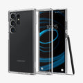 ACS07292 - Galaxy S24 Ultra Case Ultra Hybrid in Crystal Clear showing the back paralleled with a clear case in the middle and a device facing front with stylus pen leaning on the side of a device
