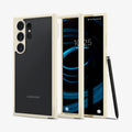 ACS07415 - Galaxy S24 Ultra Case Ultra Hybrid in Mute Beige showing the back paralleled to a clear back with a lighter frame case in the middle and a device facing front with stylus pen leaning on the side of a device