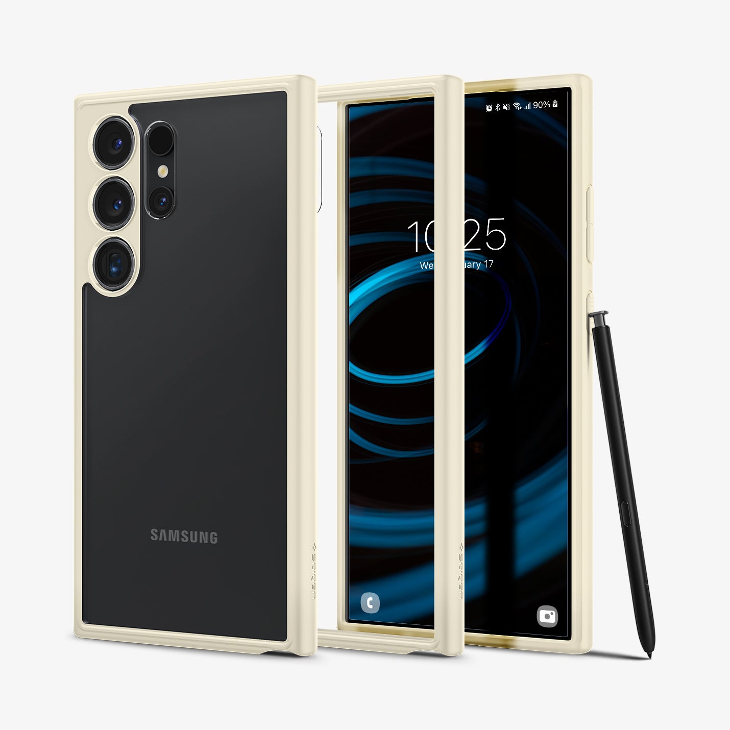ACS07415 - Galaxy S24 Ultra Case Ultra Hybrid in Mute Beige showing the back paralleled to a clear back with a lighter frame case in the middle and a device facing front with stylus pen leaning on the side of a device