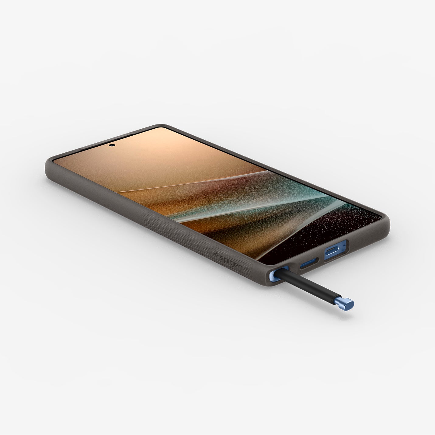 ACS09058 - Galaxy S25 Ultra Case Nano Pop (MagFit) in Papaya Gray showing the front, partial side and bottom, stylus pen sticking out