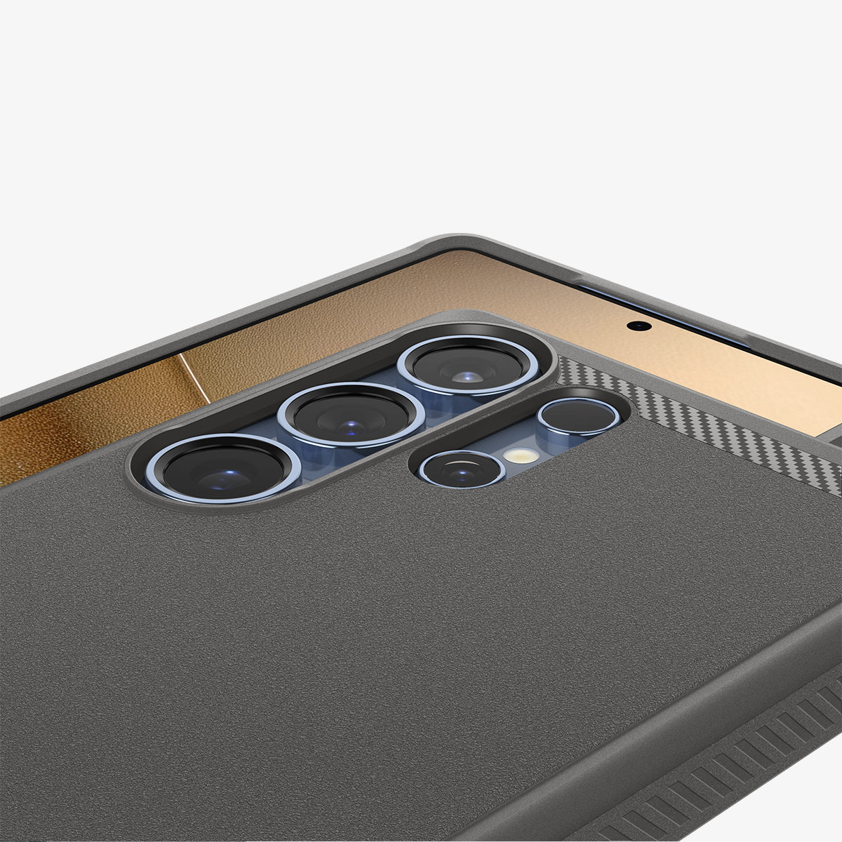 ACS08952 - Galaxy S25 Ultra Case Rugged Armor (MagFit) in Marble Gray showing the partial back, partial front with lens camera zoomed in