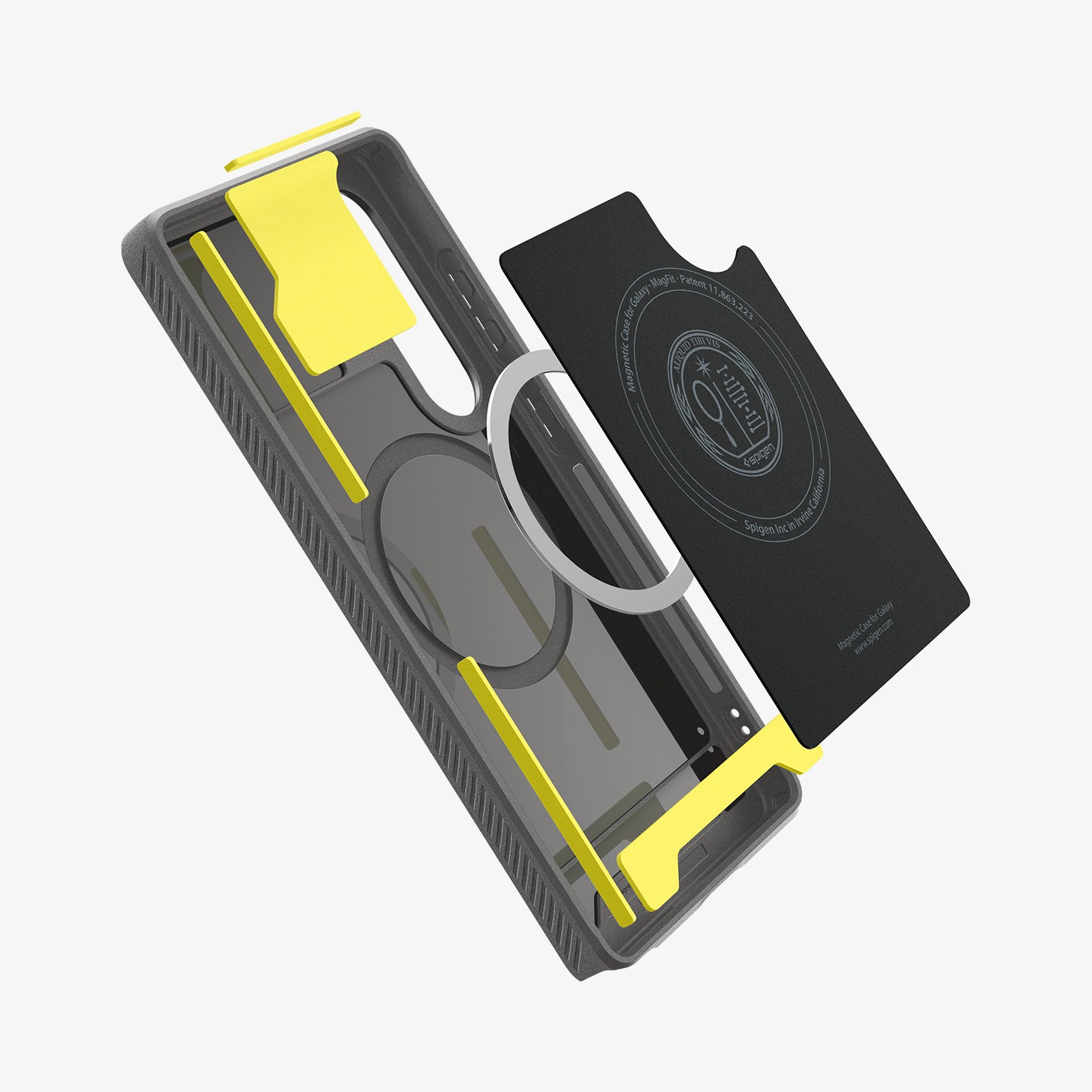 ACS08952 - Galaxy S25 Ultra Case Rugged Armor (MagFit) in Marble Gray showing the inner layer detached hovering above the detached magring and the case
