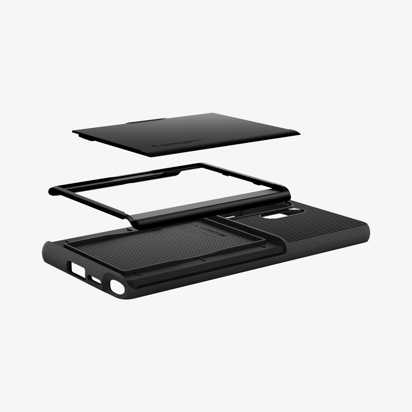 ACS08967 - Galaxy S25 Ultra Case Slim Armor CS in Black showing the slider cover detached, hovering above the slider frame and back of the case