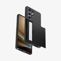 ACS08967 - Galaxy S25 Ultra Case Slim Armor CS in Black showing the back with card slider open, hovering in front of the another device showing partial front and bottom