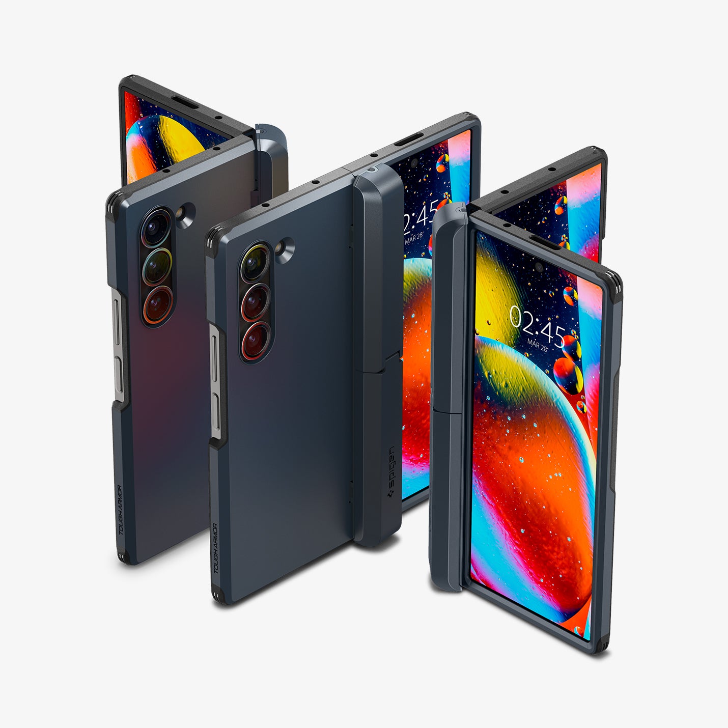 ACS08287 - Galaxy Z Fold 6 Case Tough Armor Pro P in Metal Slate showing the front, partial front, back, partial back and hinge of 3 devices aligned with each other
