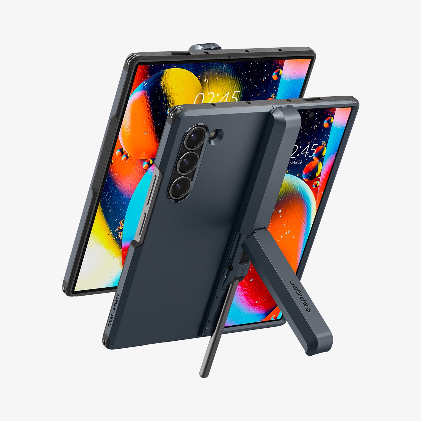 ACS08287 - Galaxy Z Fold 6 Case Tough Armor Pro P in Metal Slate showing the back, partial front, hinge with a built-in kickstand propped up, behind it, a device showing partial front