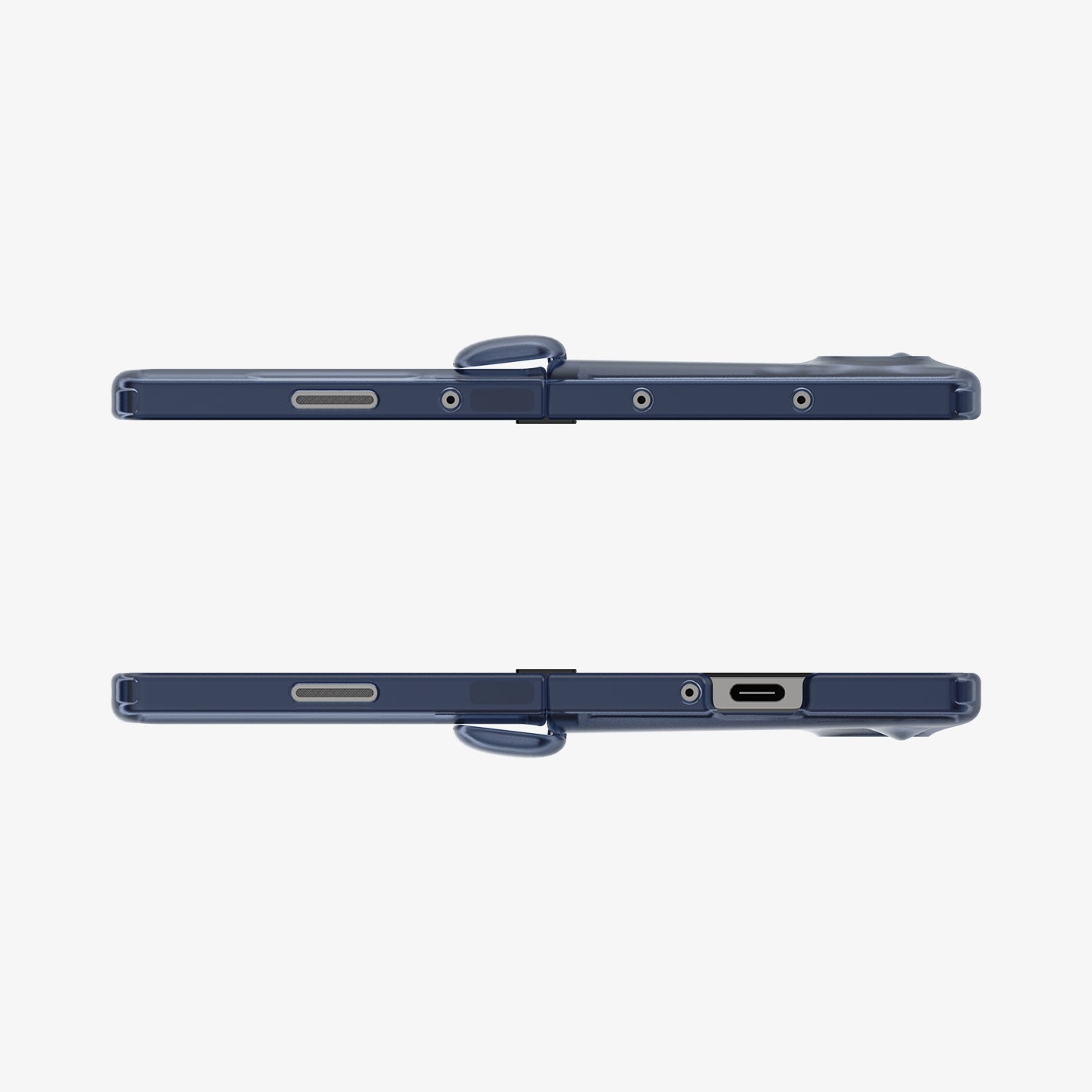 ACS08281 - Galaxy Z Flip 6 Case Ultra Hybrid Pro in Frost Navy Blue showing the top and bottom of 2 devices fully open facing each other