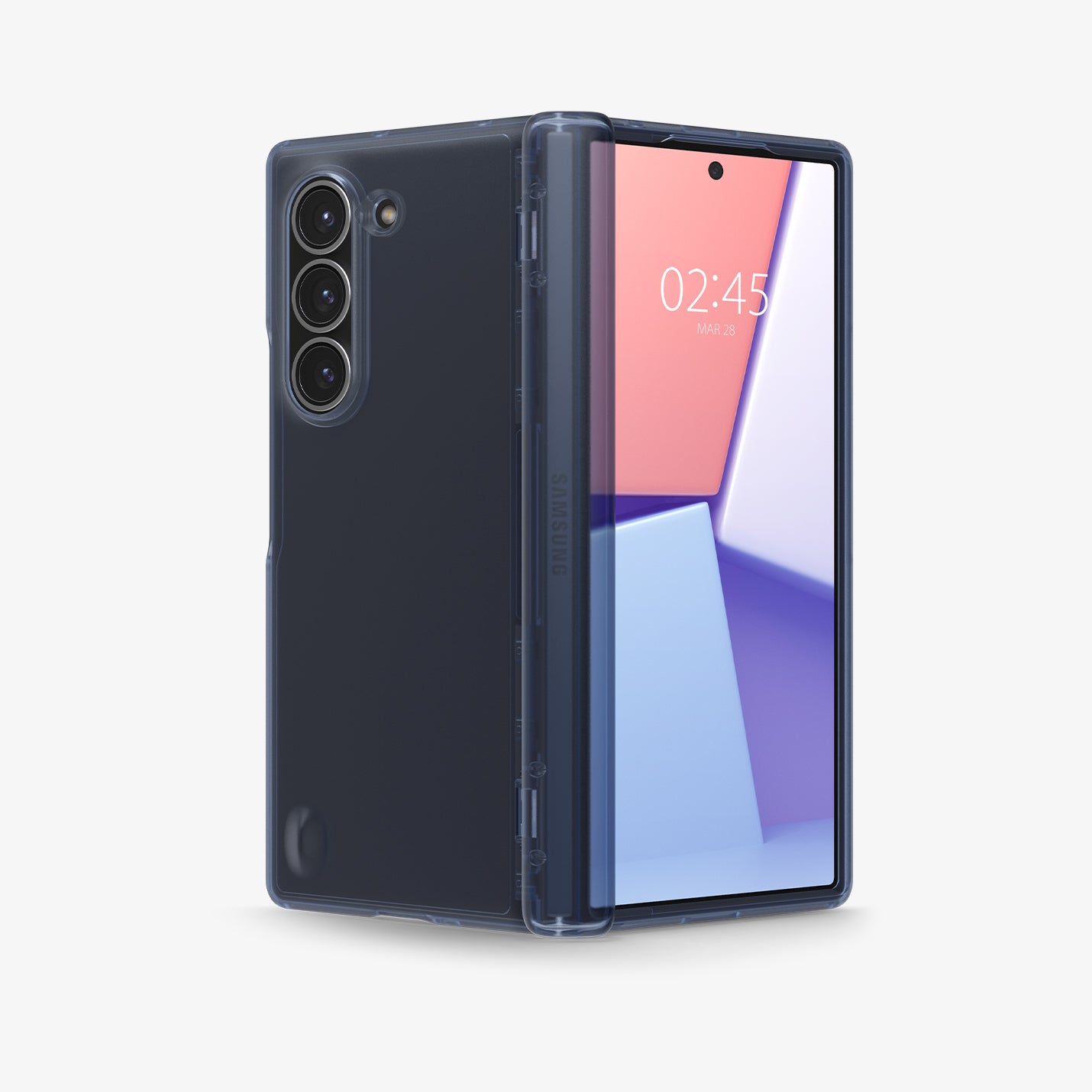 ACS08281 - Galaxy Z Flip 6 Case Ultra Hybrid Pro in Frost Navy Blue showing the back, hinge and front, partially folded