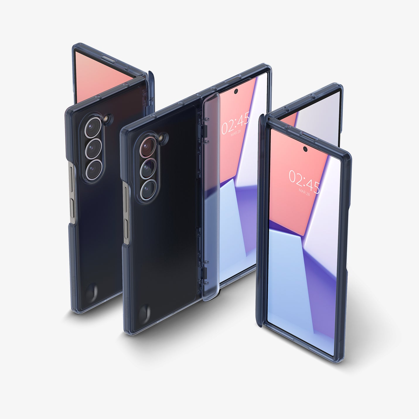 ACS08281 - Galaxy Z Flip 6 Case Ultra Hybrid Pro in Frost Navy Blue showing the front, partial front, back, partial back and hinge of 3 devices aligned with each other