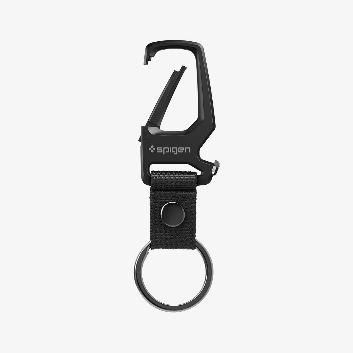 AHP06961 - Carabiner + Keyring in black showing the front with carabiner slightly open