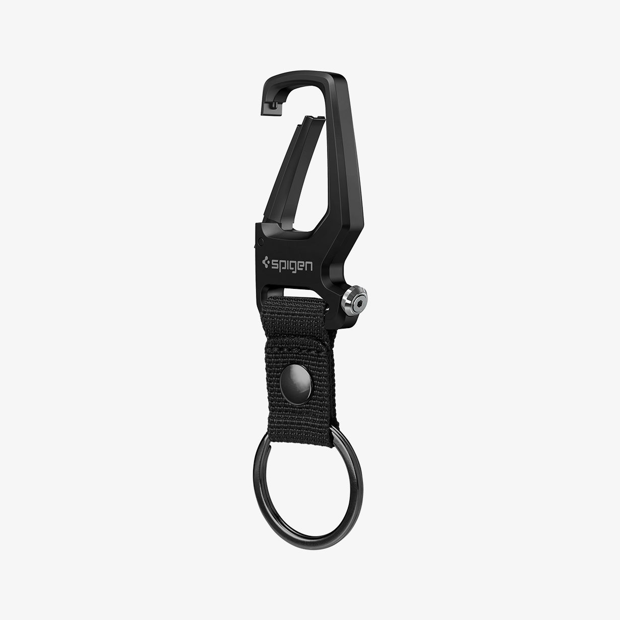 AHP06961 - Carabiner + Keyring in black showing the front and partial side with keyring slightly open