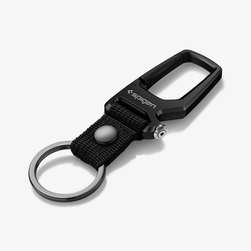 AHP06961 - Carabiner + Keyring in black showing the front laying flat