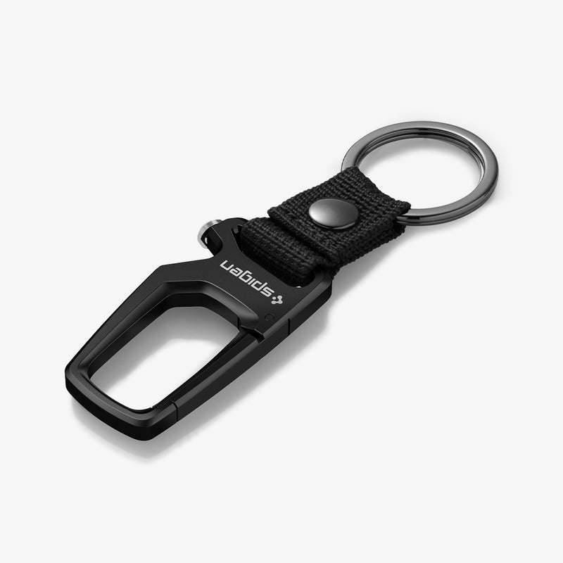 AHP06961 - Carabiner + Keyring in black showing the front lying flat