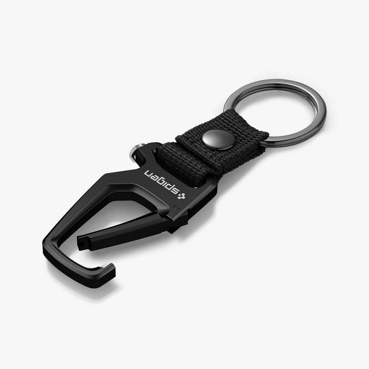 AHP06961 - Carabiner + Keyring in black showing the front with carabiner lying flat and partially open