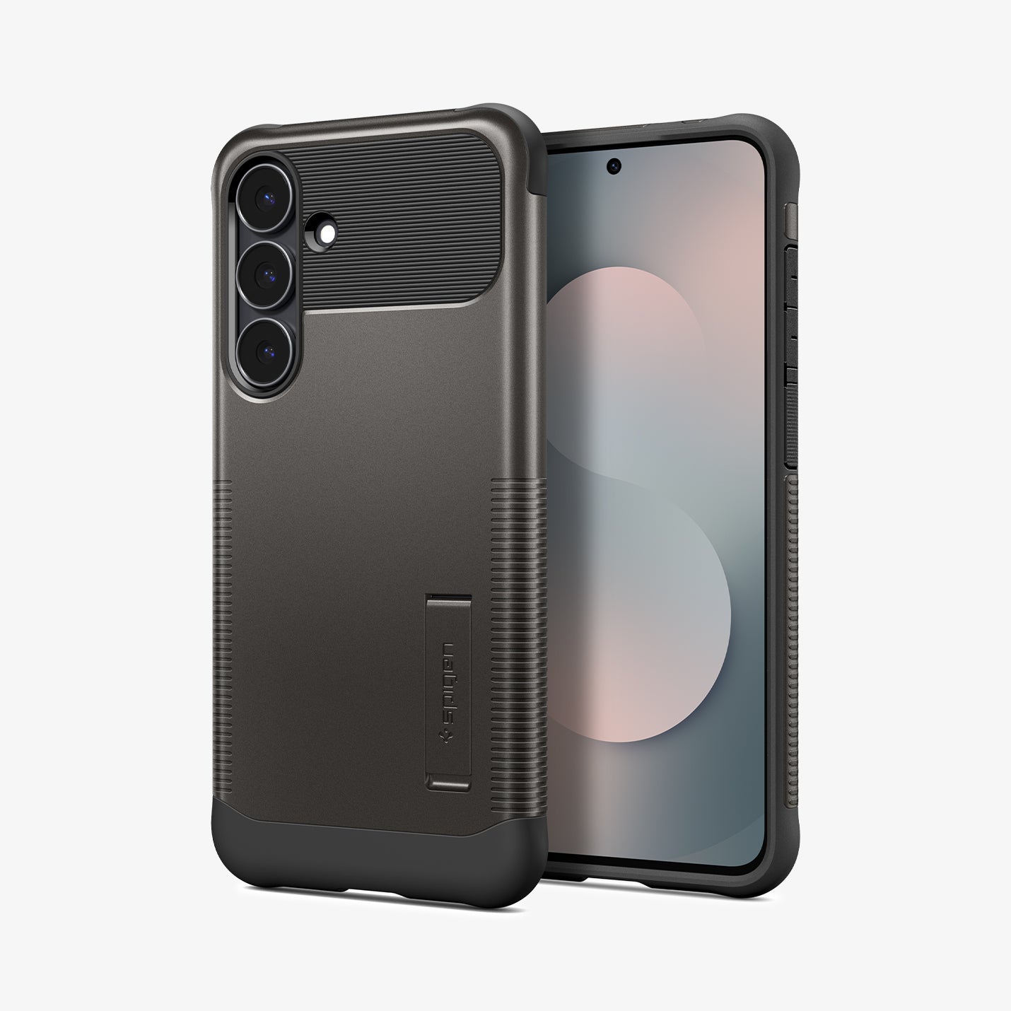 ACS10230 - Galaxy S25 FE Slim Armor (MagFit) in Gunmetal showing the back and next to it, a device facing front and side
