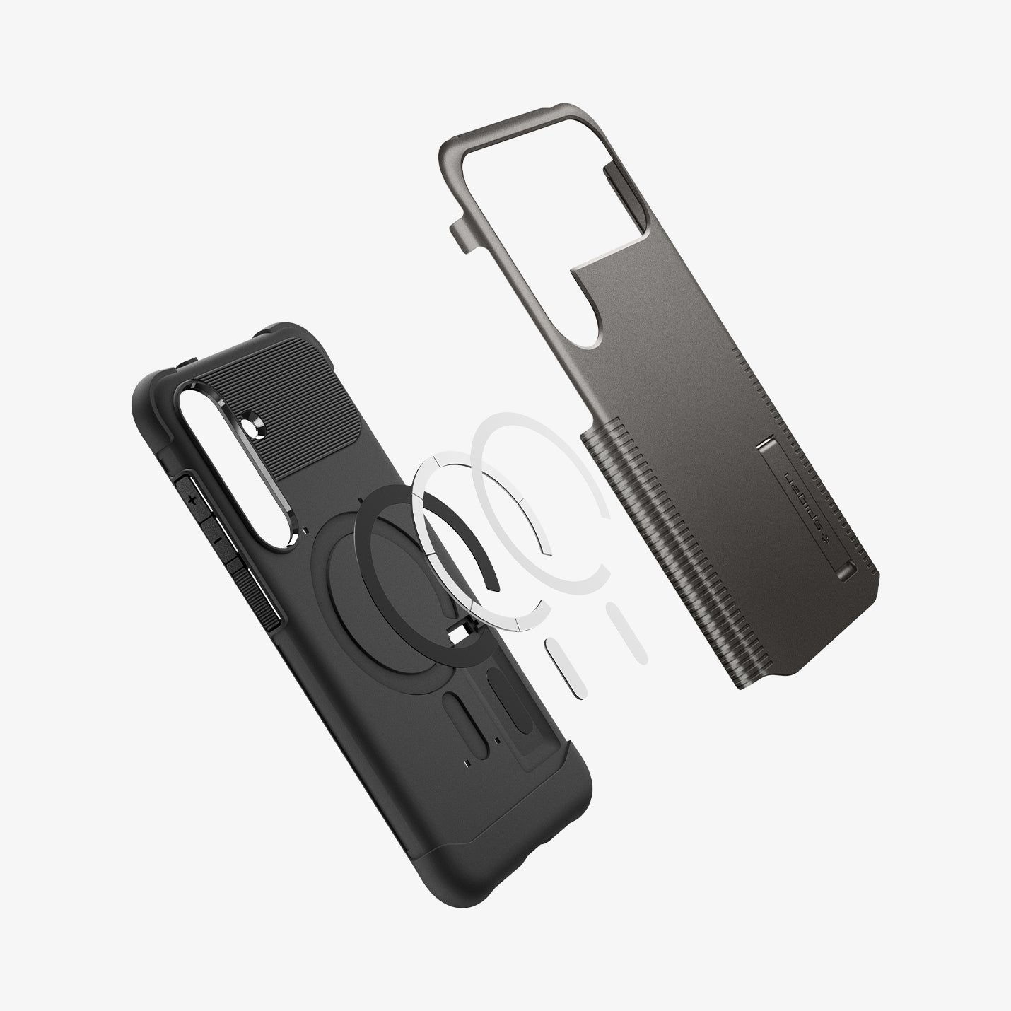ACS10230 - Galaxy S25 FE Slim Armor (MagFit) in Gunmetal showing the inner case with impact foam hovering above the metal safe ring detached from the hard layer case