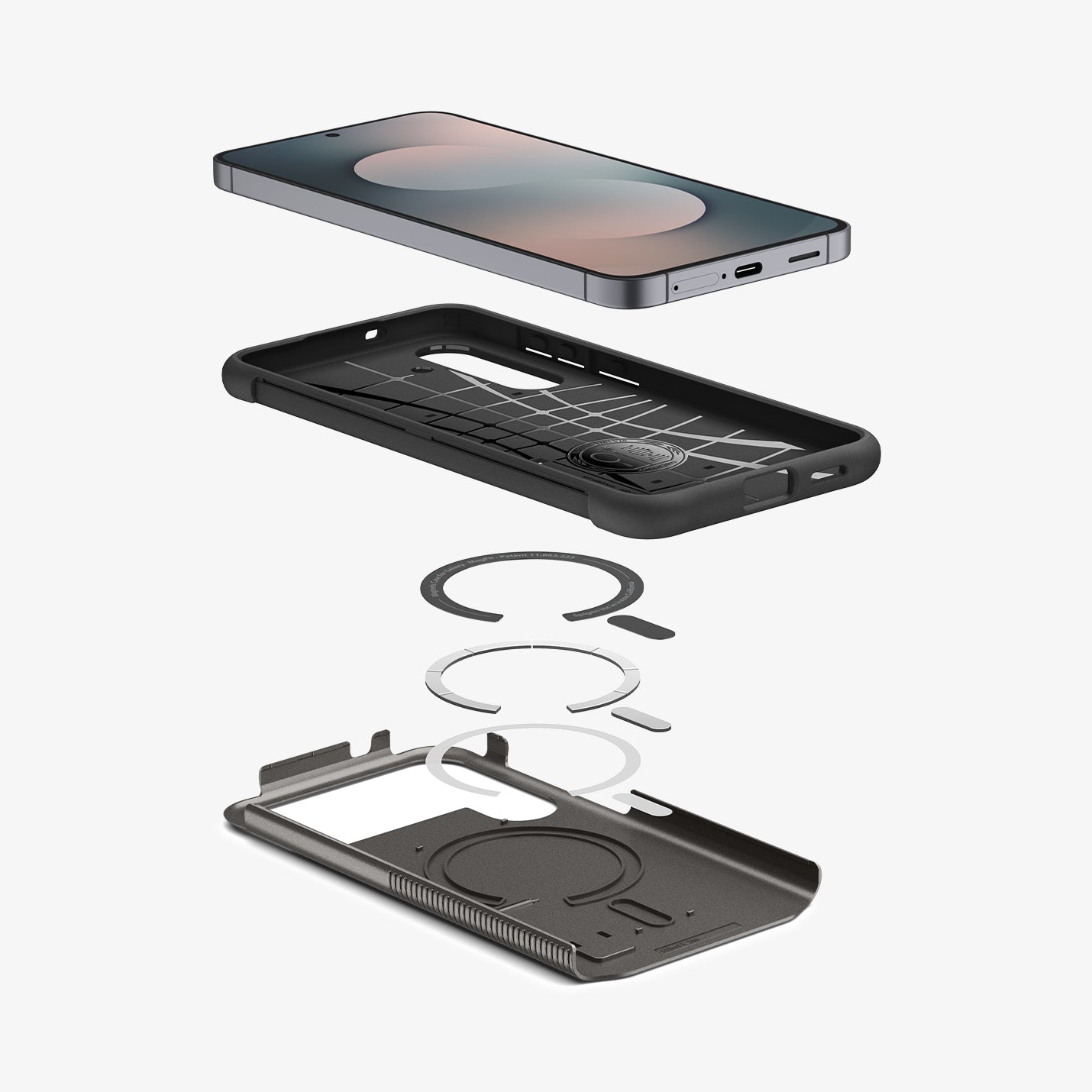 ACS10230 - Galaxy S25 FE Slim Armor (MagFit) in Gunmetal showing the inner case with impact foam hovering above the metal safe ring detached from the hard layer case