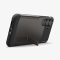 ACS10230 - Galaxy S25 FE Slim Armor (MagFit) in Gunmetal showing the back, bottom and partial side with a built-in kickstand propped up