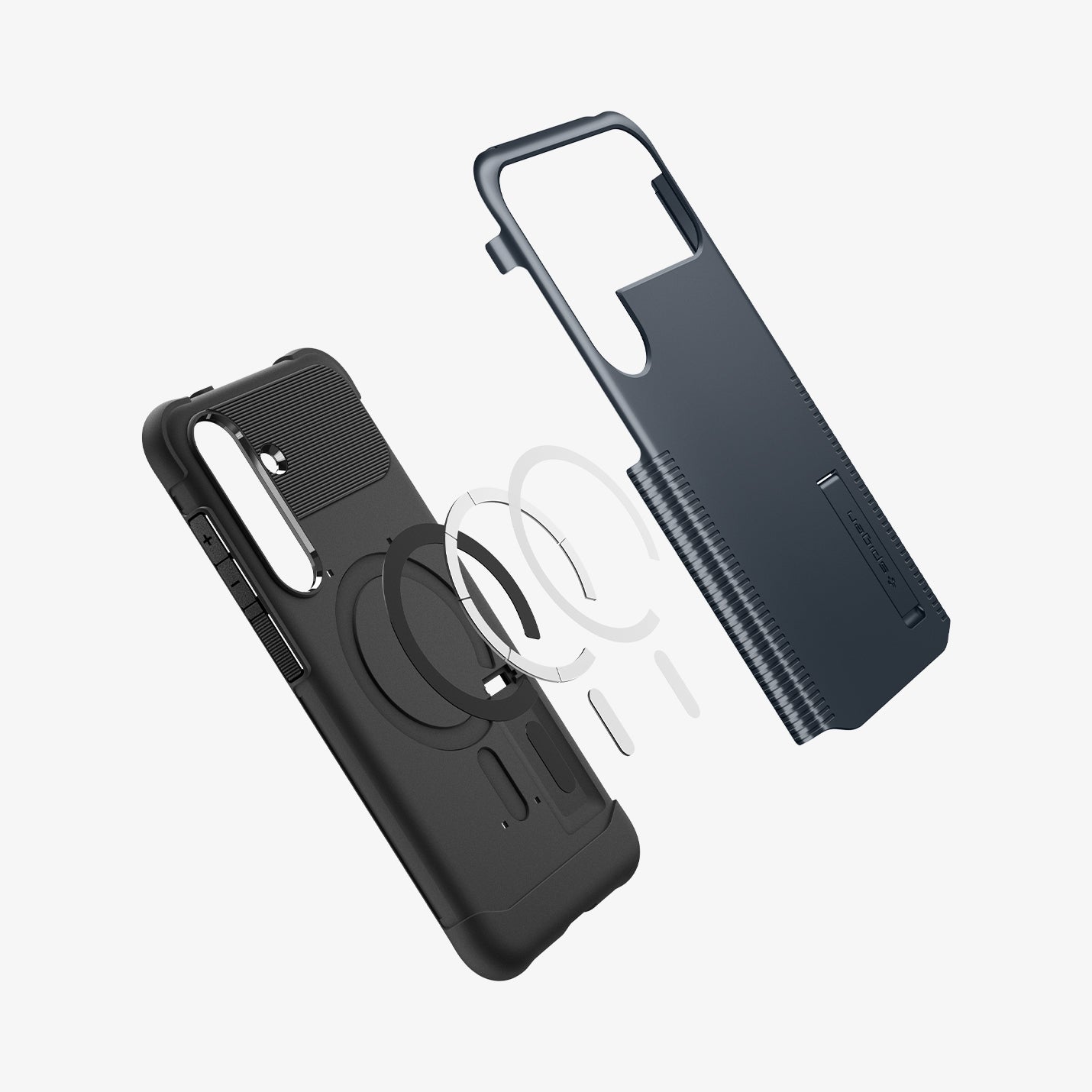 ACS10022 - Galaxy S25 FE Slim Armor (MagFit) in Metal Slate showing the inner case with impact foam hovering above the metal safe ring detached from the hard layer case