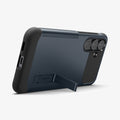 ACS10022 - Galaxy S25 FE Slim Armor (MagFit) in Metal Slate showing the back, bottom and partial side with a built-in kickstand propped up