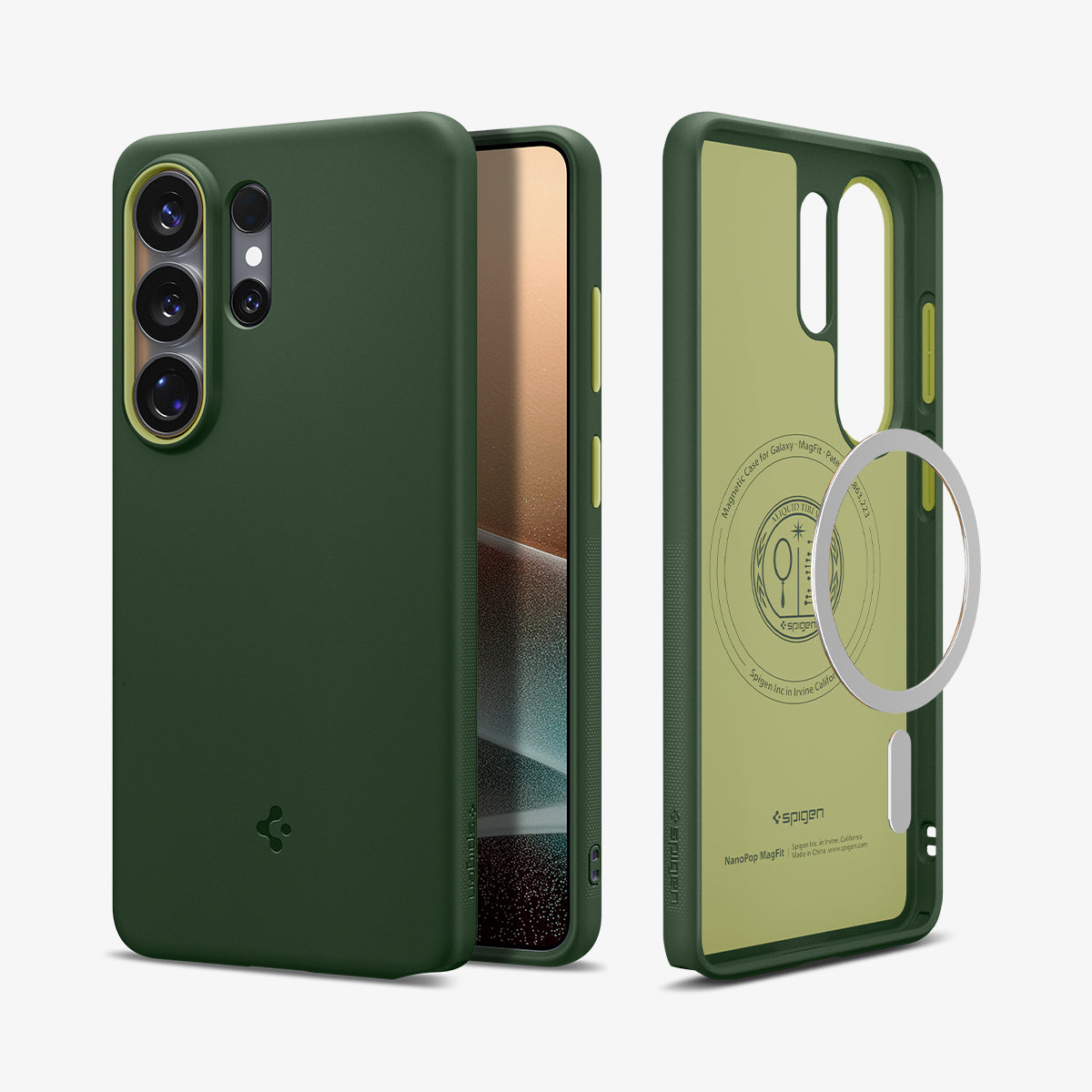ACS11039 - Galaxy S26 Ultra Nano Pop (Mag Fit) in Avo Green showing the back with the device, partial back case only, partial front and sides with magfit