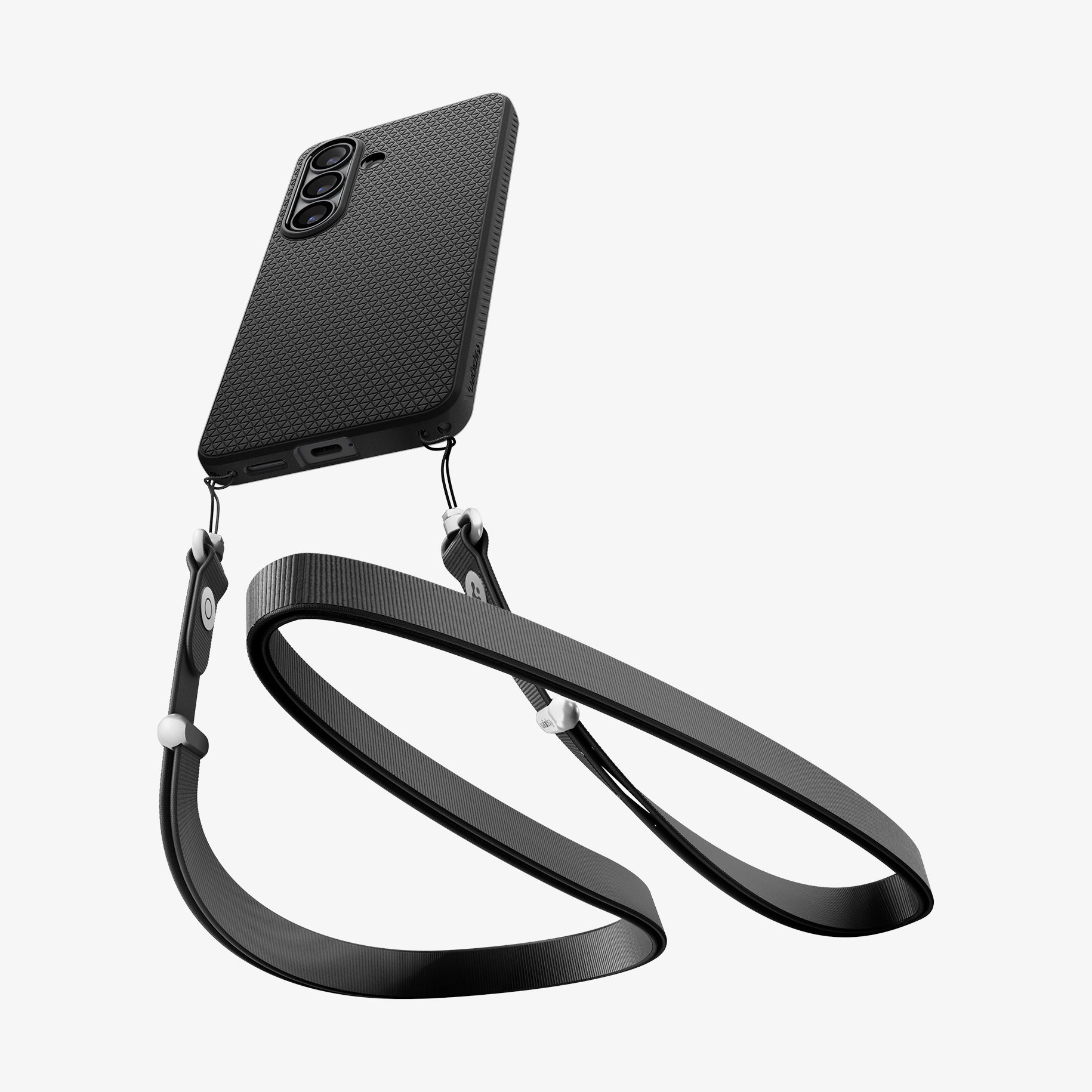 ACS11043 - Galaxy S26 Plus Liquid Air (Mag Fit) in Matte Black showing device and case with double strap on bottom