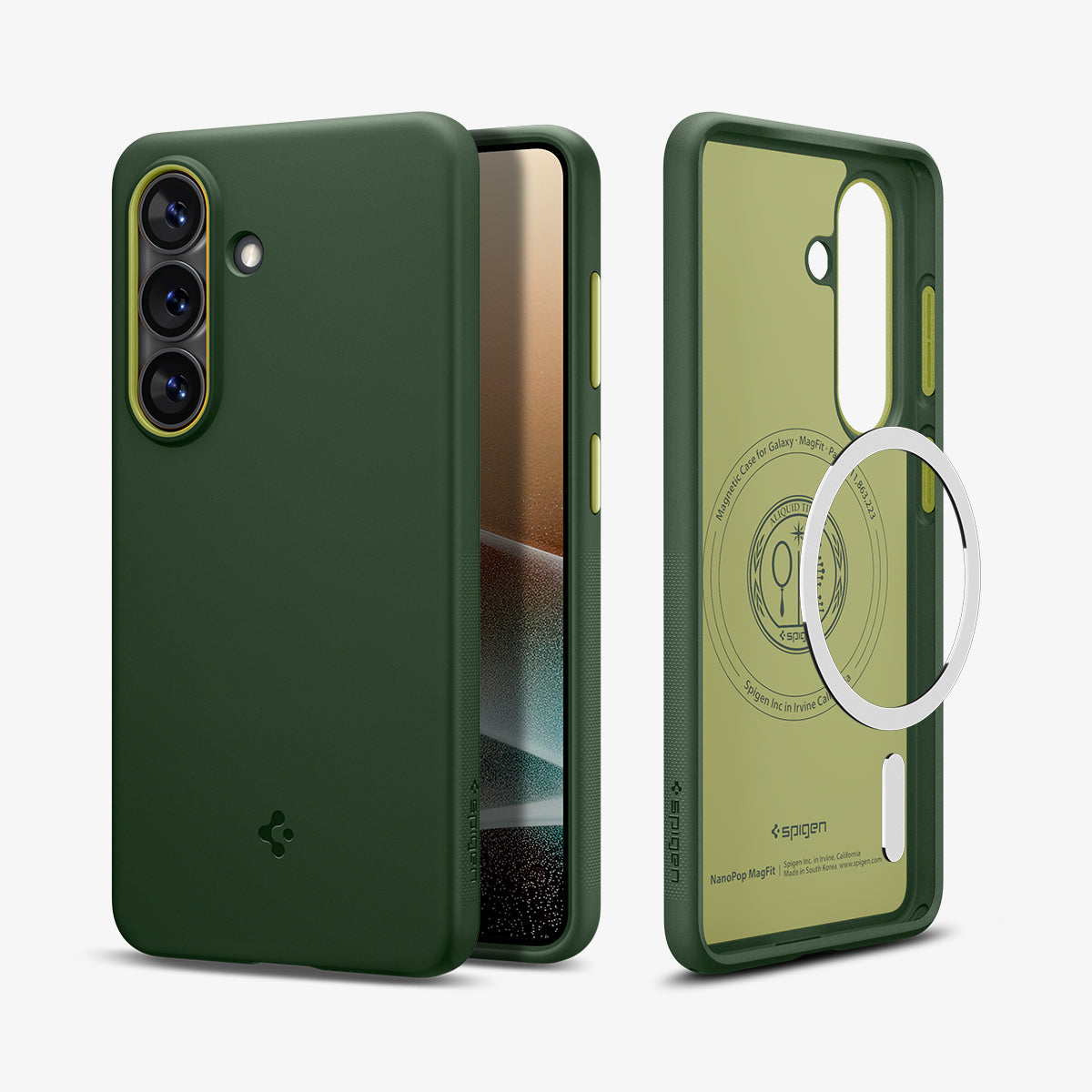 ACS11067 - Galaxy S26  Nano Pop (Mag Fit) in Avo Green showing the back with the device, partial back case only, partial front and sides with magfit