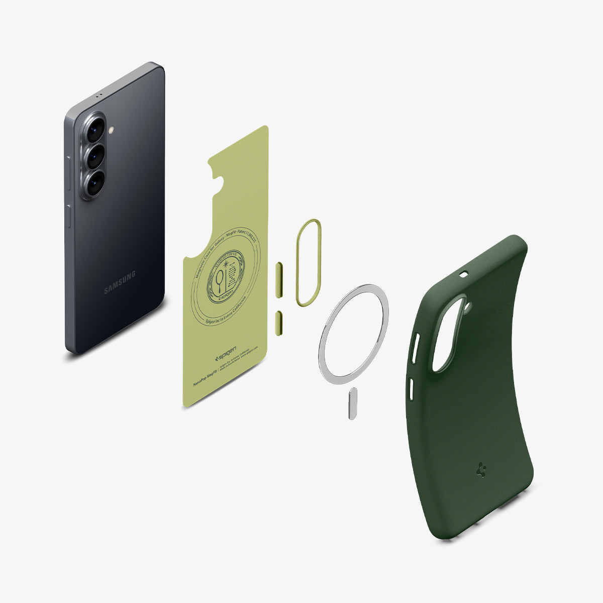 ACS11067 - Galaxy S26  Nano Pop (Mag Fit) in Avo Green showing 3D view of case and phone, showing the impact foam technology in the case and magfit