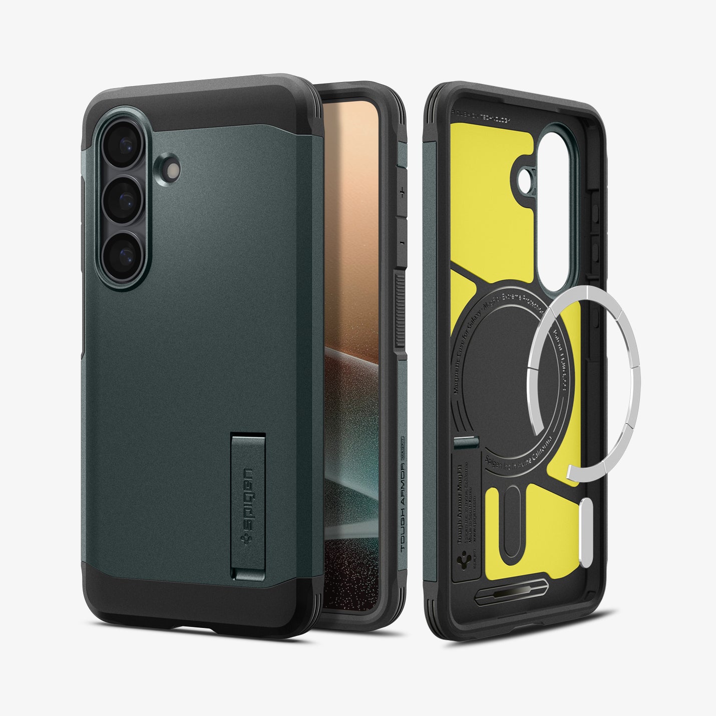 ACS11053 - Galaxy S26 Plus Case Tough Armor (Mag Fit) Abyss Green showing the back with the device, partial back case only, partial front and sides with magfit