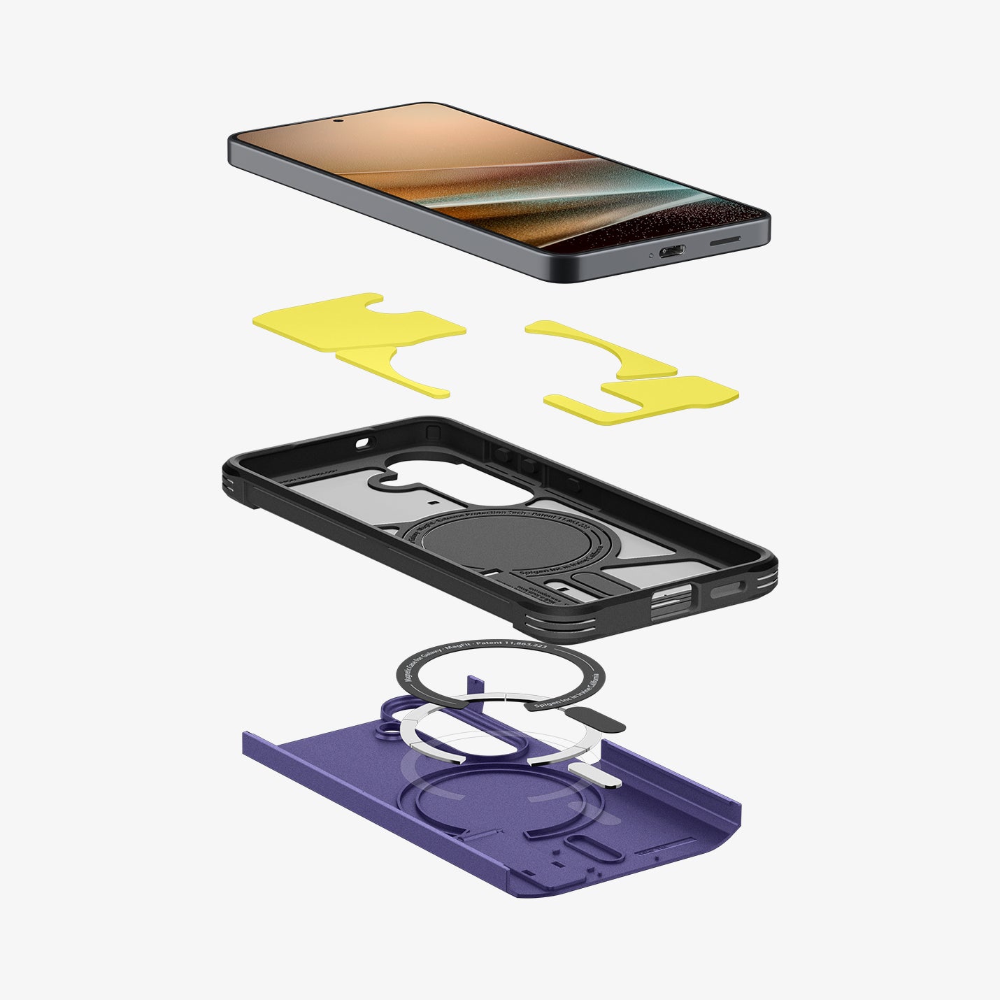 ACS11165 - Galaxy S26 Plus Case Tough Armor (Mag Fit) Ash Violet showing 3D view of case and phone, showing the impact foam technology in the case and magfit