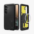 ACS11051 - Galaxy S26 Plus Case Tough Armor (Mag Fit) Black showing the back with the device, partial back case only, partial front and sides with magfit