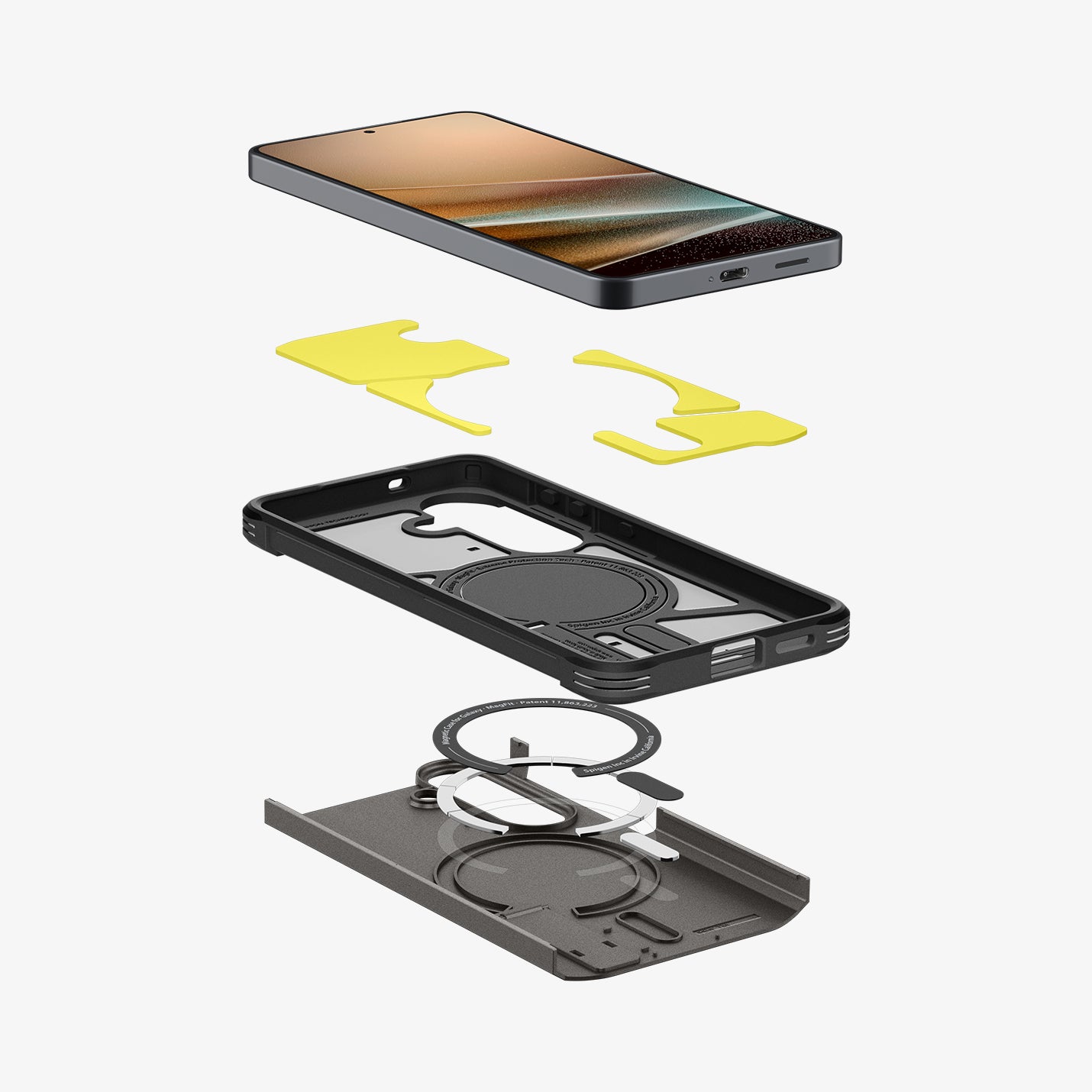 ACS11063 - Galaxy S26 Case Tough Armor (Mag Fit) Gunmetal showing 3D view of case and phone, showing the impact foam technology in the case and magfit