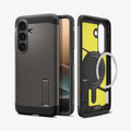 ACS11063 - Galaxy S26 Case Tough Armor (Mag Fit) Gunmetal showing the back with the device, partial back case only, partial front and sides with magfit