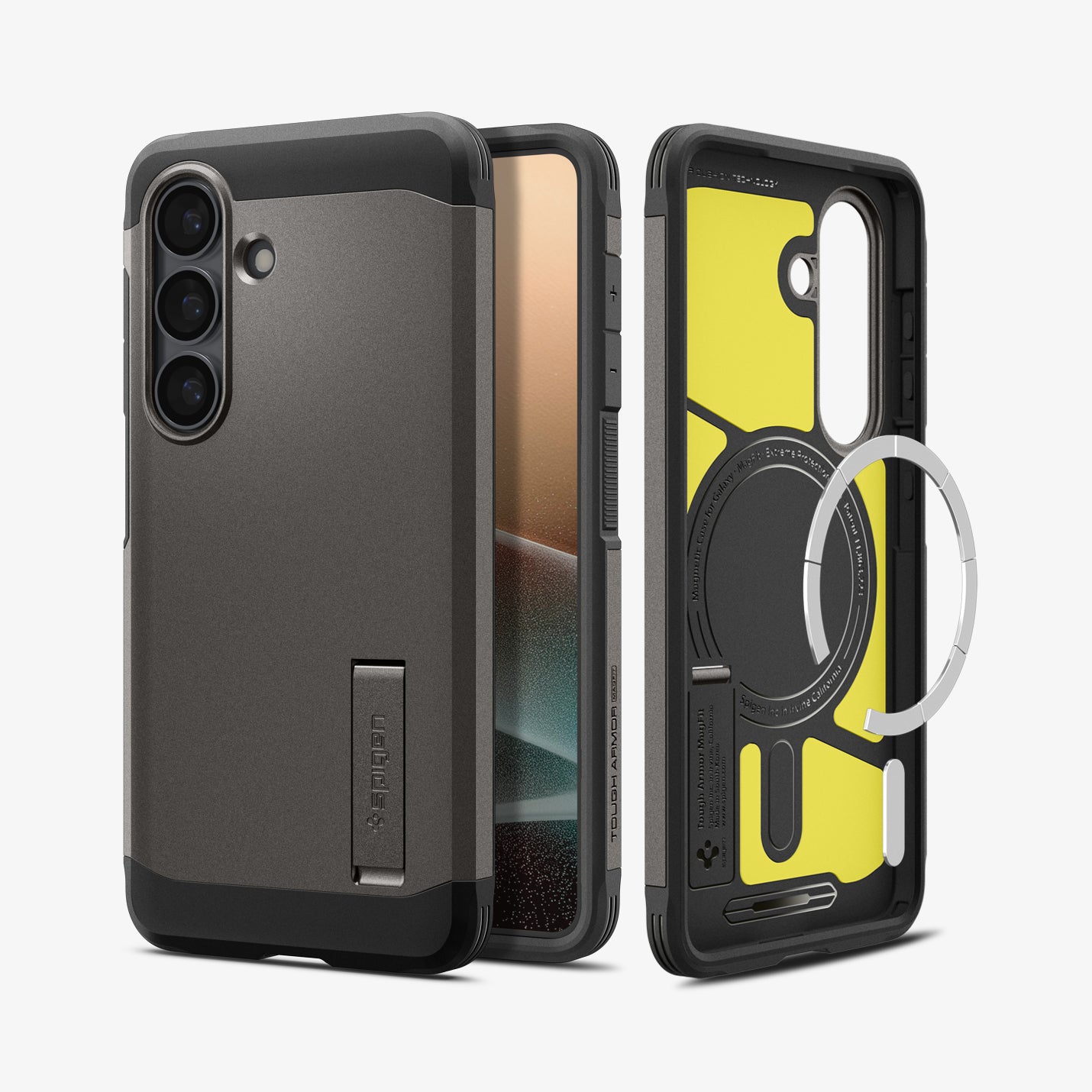 ACS11063 - Galaxy S26 Case Tough Armor (Mag Fit) Gunmetal showing the back with the device, partial back case only, partial front and sides with magfit