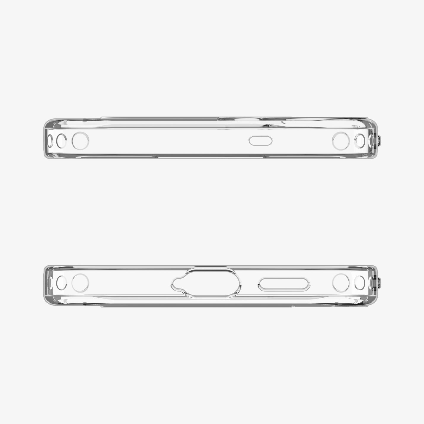 ACS11644 - Galaxy S26 FE Slim Armor Essential (Mag Fit) showing top and bottom views of the clear case with precise port and speaker cutouts