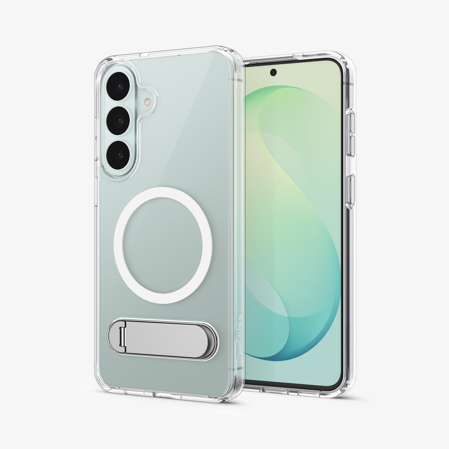 ACS11644 - Galaxy S26 FE Slim Armor Essential (Mag Fit) showing front and back views of Galaxy S26 FE with clear case, magnetic ring, and built in kickstand