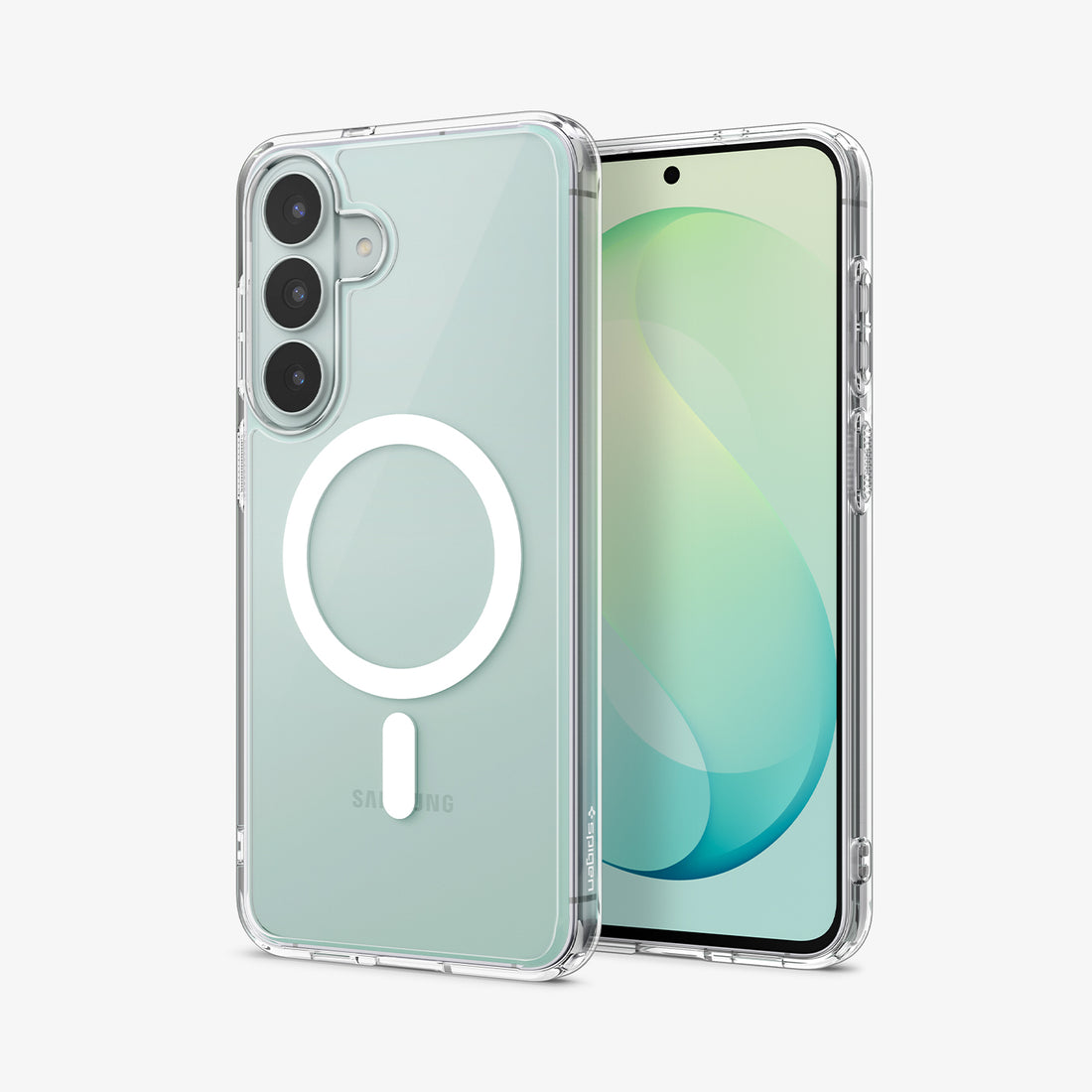 ACS11636 - Galaxy S26 FE Ultra Hybrid (Mag Fit) showing front and back views of Galaxy S26 FE with a clear Ultra Hybrid Mag Fit case and magnetic ring