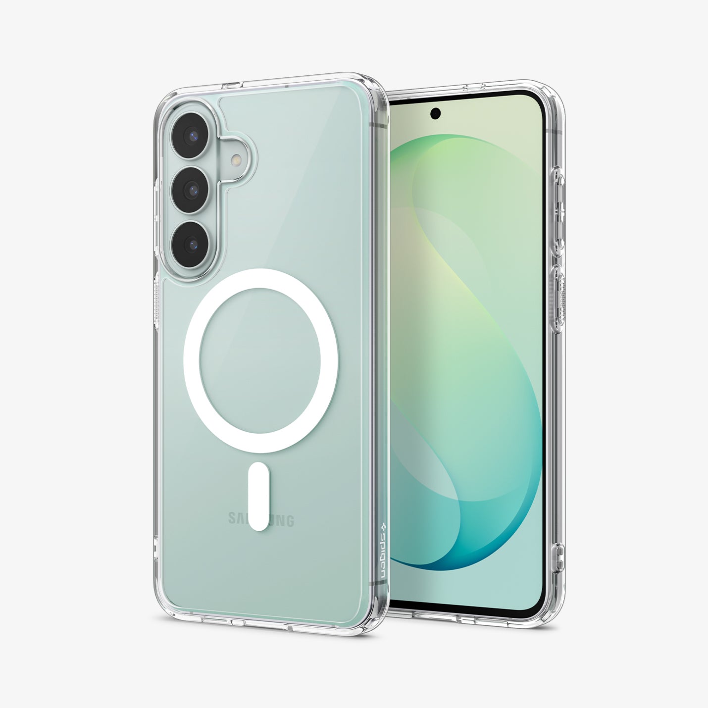 ACS11636 - Galaxy S26 FE Ultra Hybrid (Mag Fit) showing front and back views of Galaxy S26 FE with a clear Ultra Hybrid Mag Fit case and magnetic ring
