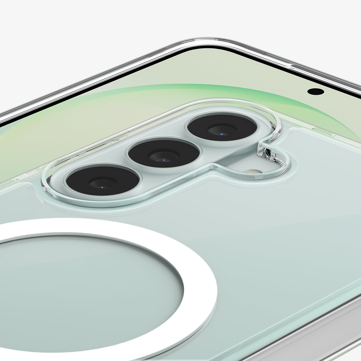 ACS11636 - Galaxy S26 FE Ultra Hybrid (Mag Fit) showing close up of Galaxy S26 FE camera area with raised lens protection and clear case edges