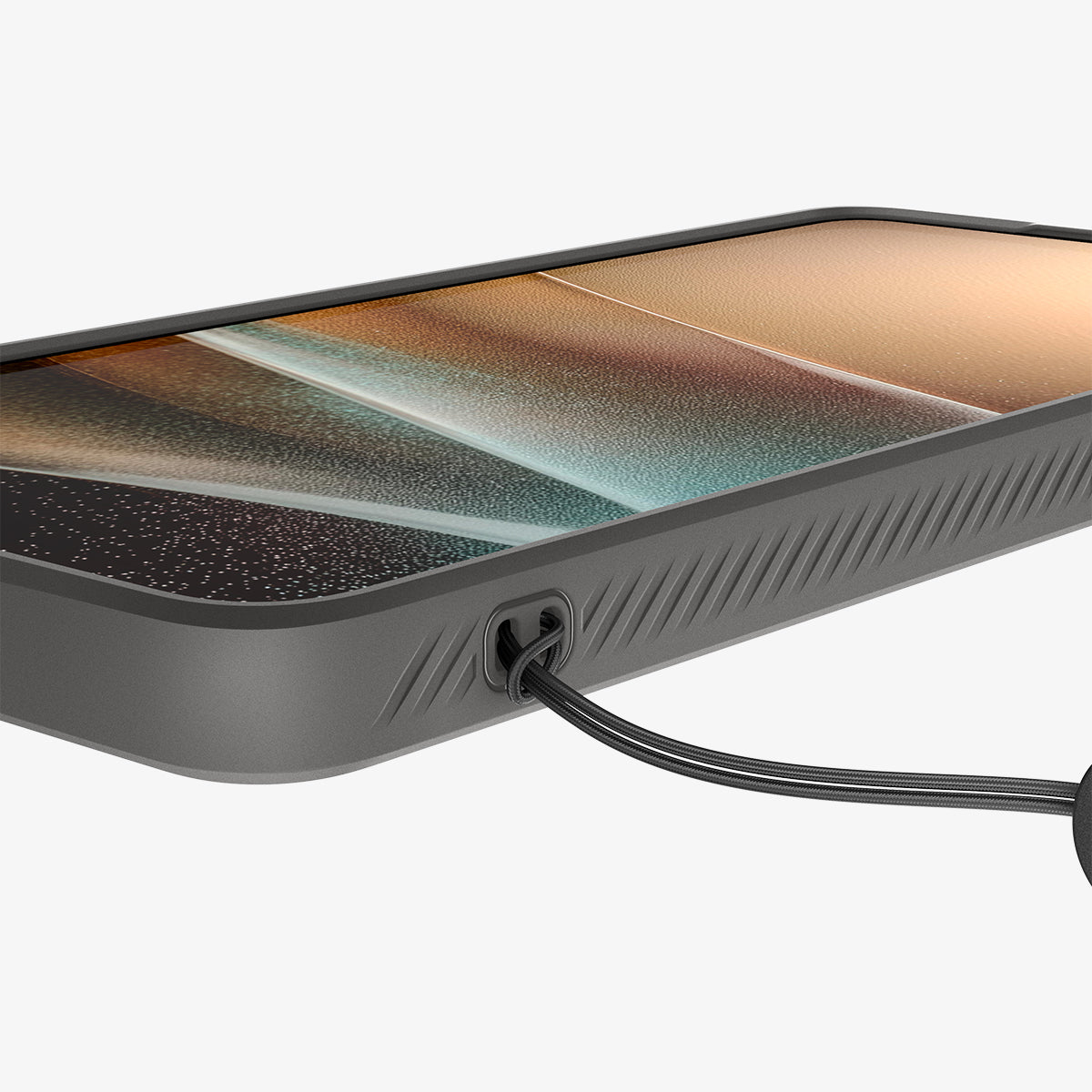 ACS11204 - Galaxy S26 Ultra Liquid Air in Marble Gray showing the side with lanyard