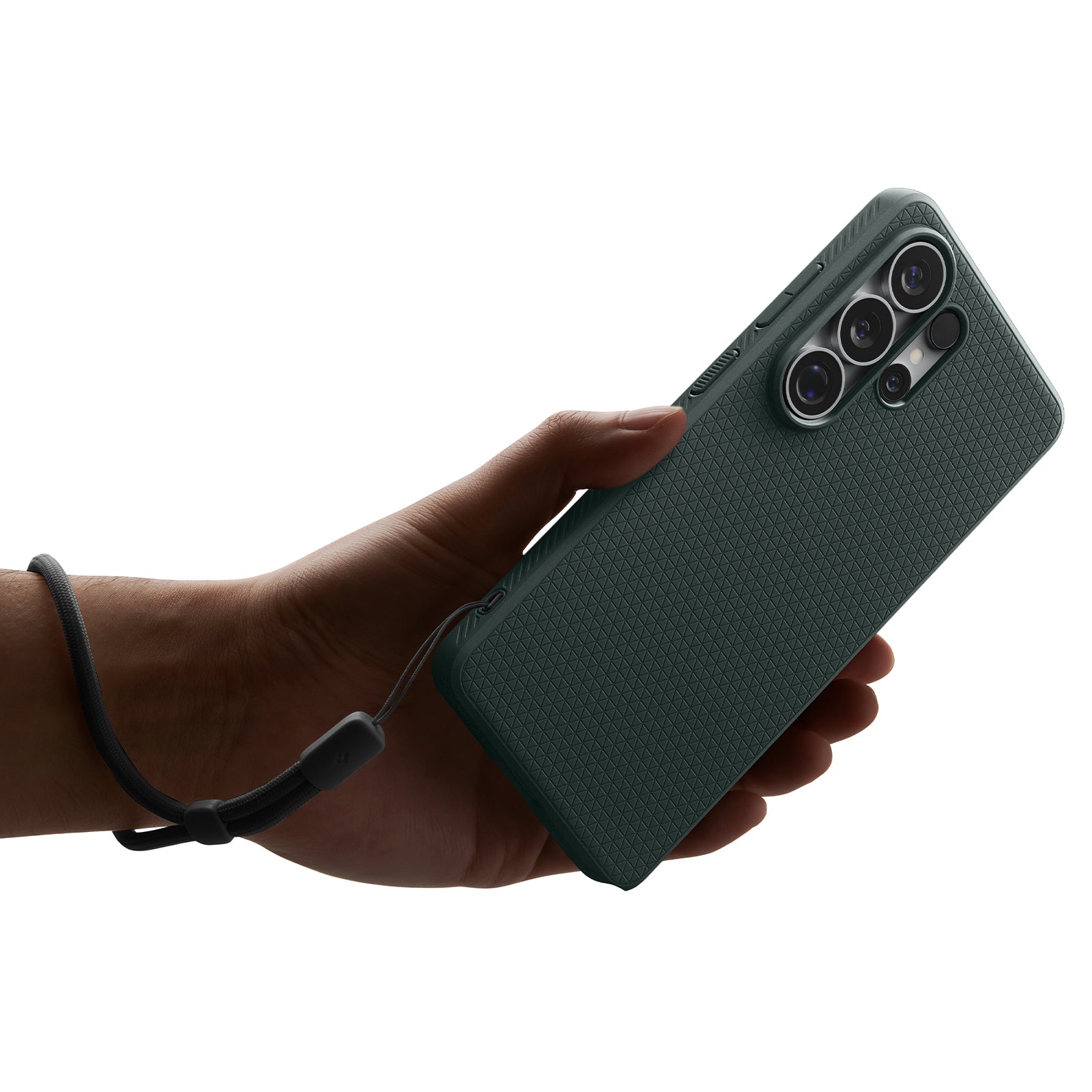 ACS11026 - Galaxy S26 Ultra Liquid Air (Mag Fit) in Abyss Green showing a hand with strap on with the device and case