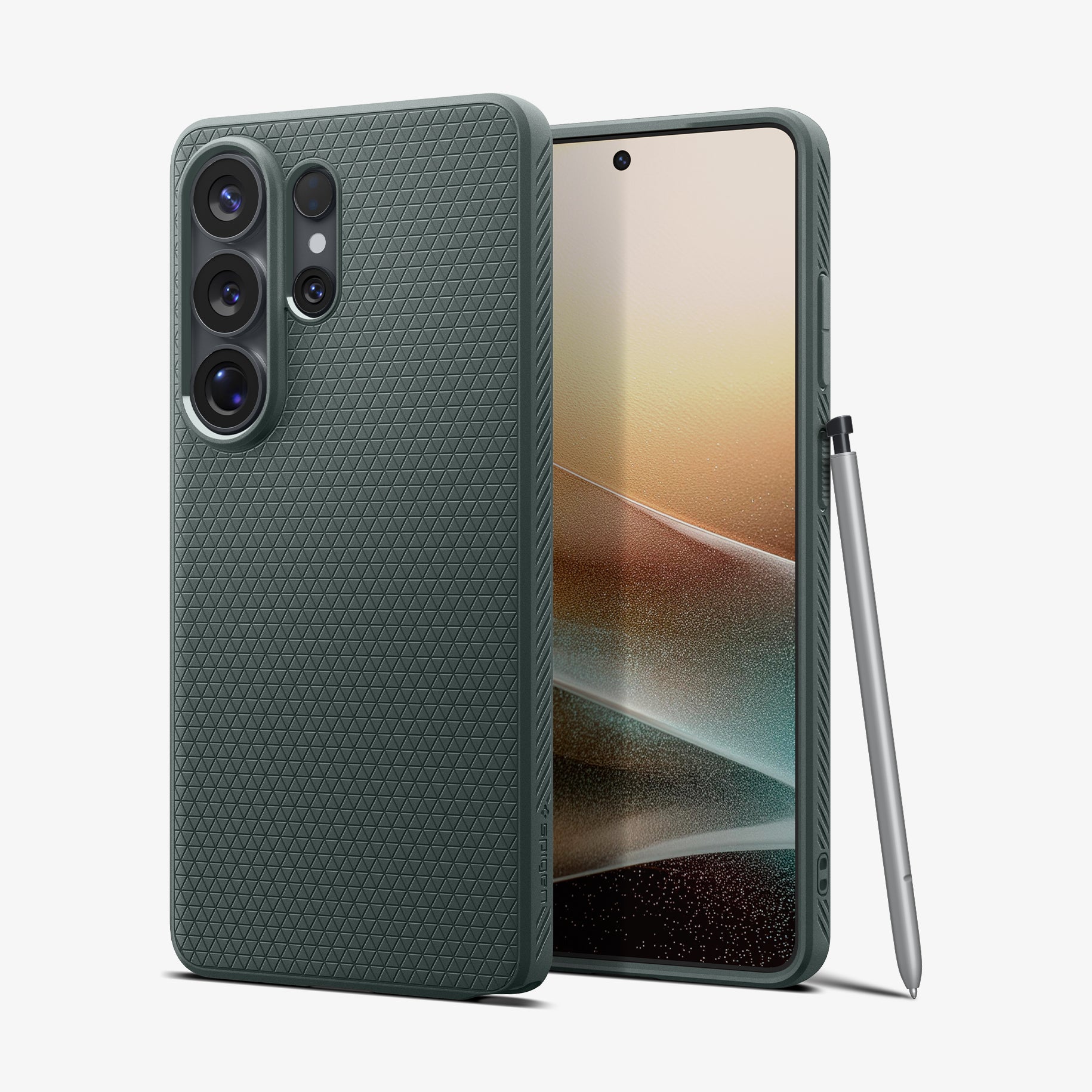 ACS11026 - Galaxy S26 Ultra Liquid Air (Mag Fit) in Abyss Green showing the back with the device, partial back case only, partial front and sides