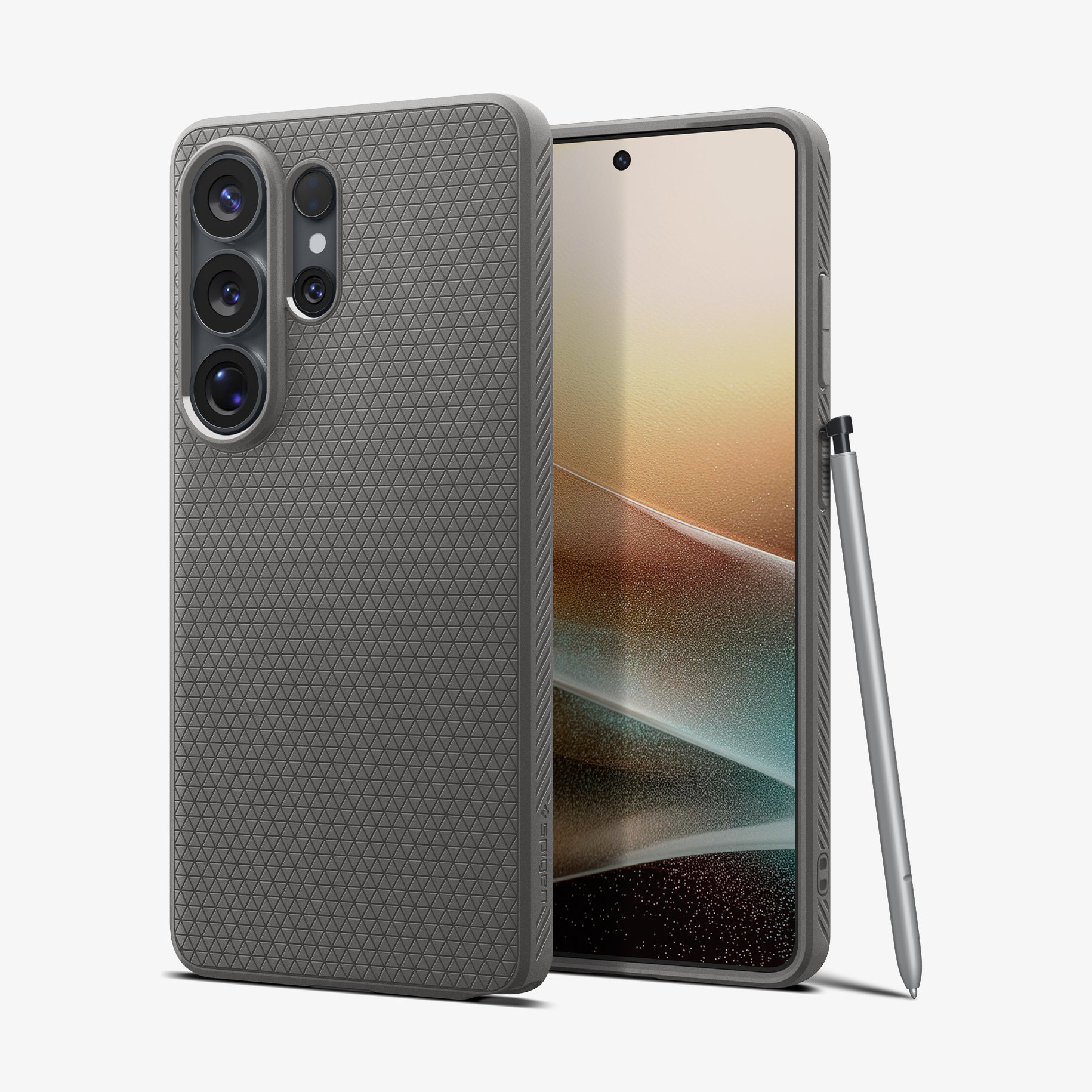 ACS11025 - Galaxy S26 Ultra Liquid Air (Mag Fit) in Marble Gray showing the back with the device, partial back case only, partial front and sides