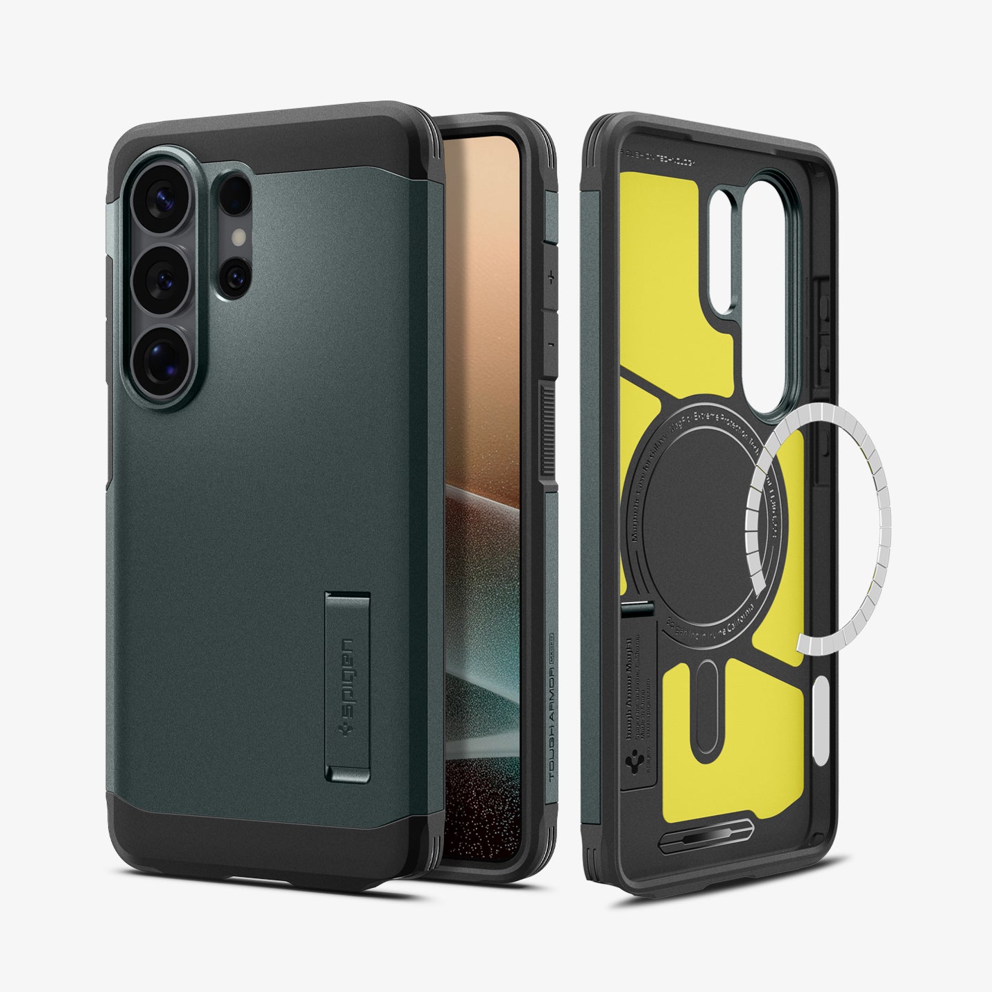 ACS11035 - Galaxy S26 Ultra Case Tough Armor (Mag Fit) Abyss Green showing the back with the device, partial back case only, partial front and sides with magfit