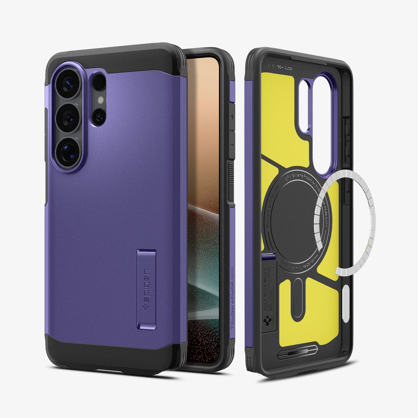 ACS11162 - Galaxy S26 Ultra Case Tough Armor (Mag Fit) Ash Violet showing the back with the device, partial back case only, partial front and sides with magfit