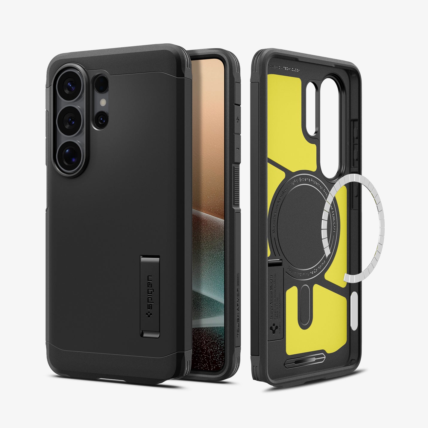 ACS11033 - Galaxy S26 Ultra Case Tough Armor (Mag Fit) Black showing the back with the device, partial back case only, partial front and sides with magfit
