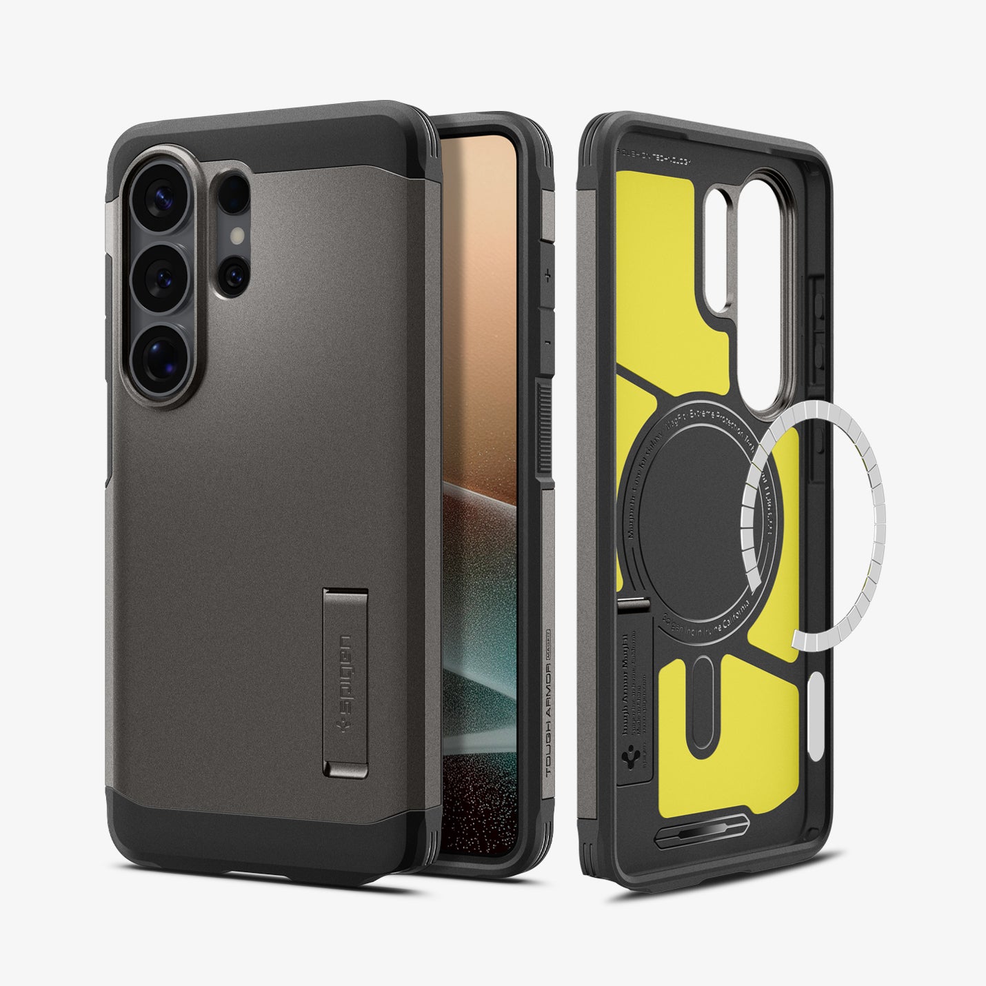 ACS11034 - Galaxy S26 Ultra Case Tough Armor (Mag Fit) Gunmetal showing the back with the device, partial back case only, partial front and sides with magfit