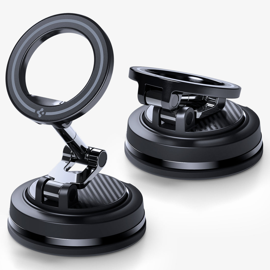 ACP11657 - Spigen MagSafe car mount shown extended and folded flat, displaying suction cup base and magnetic ring